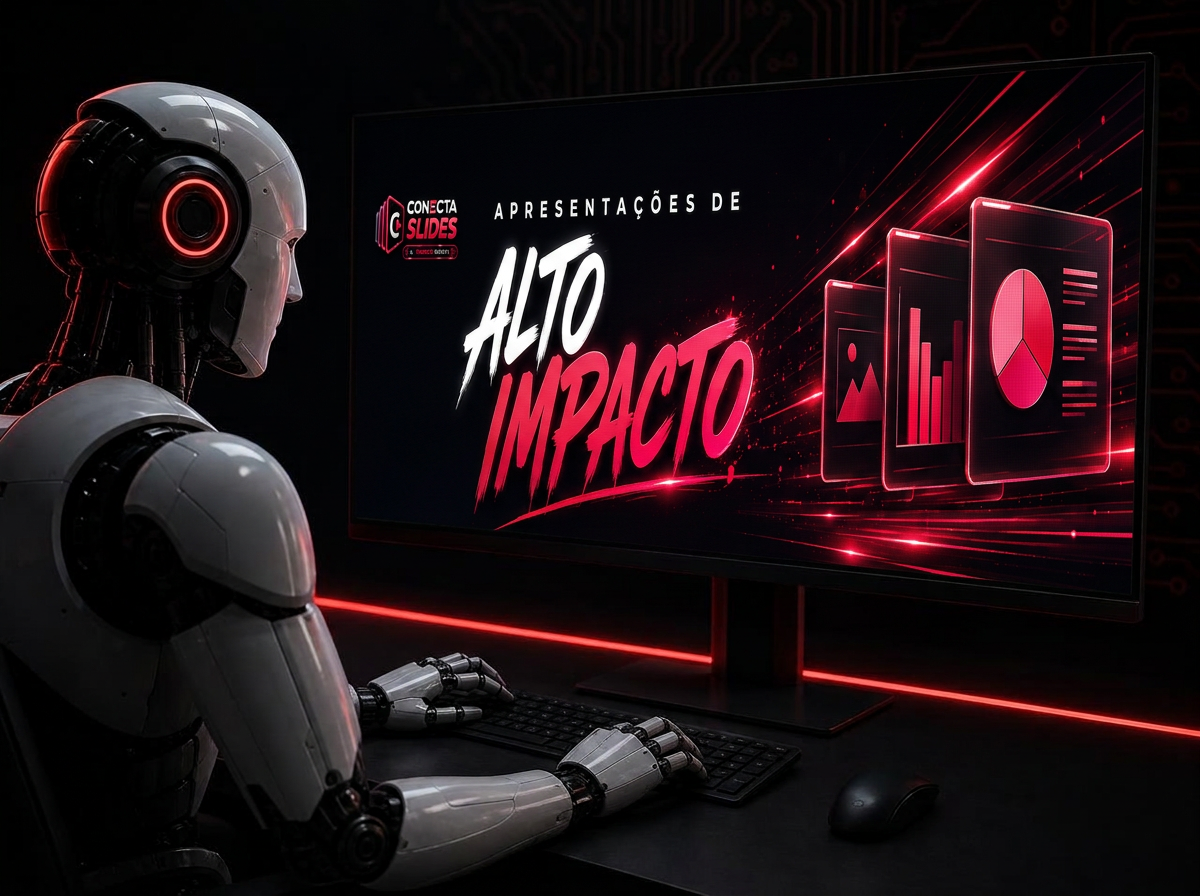Robô de IA montando uma apresentação de alto impacto no computador